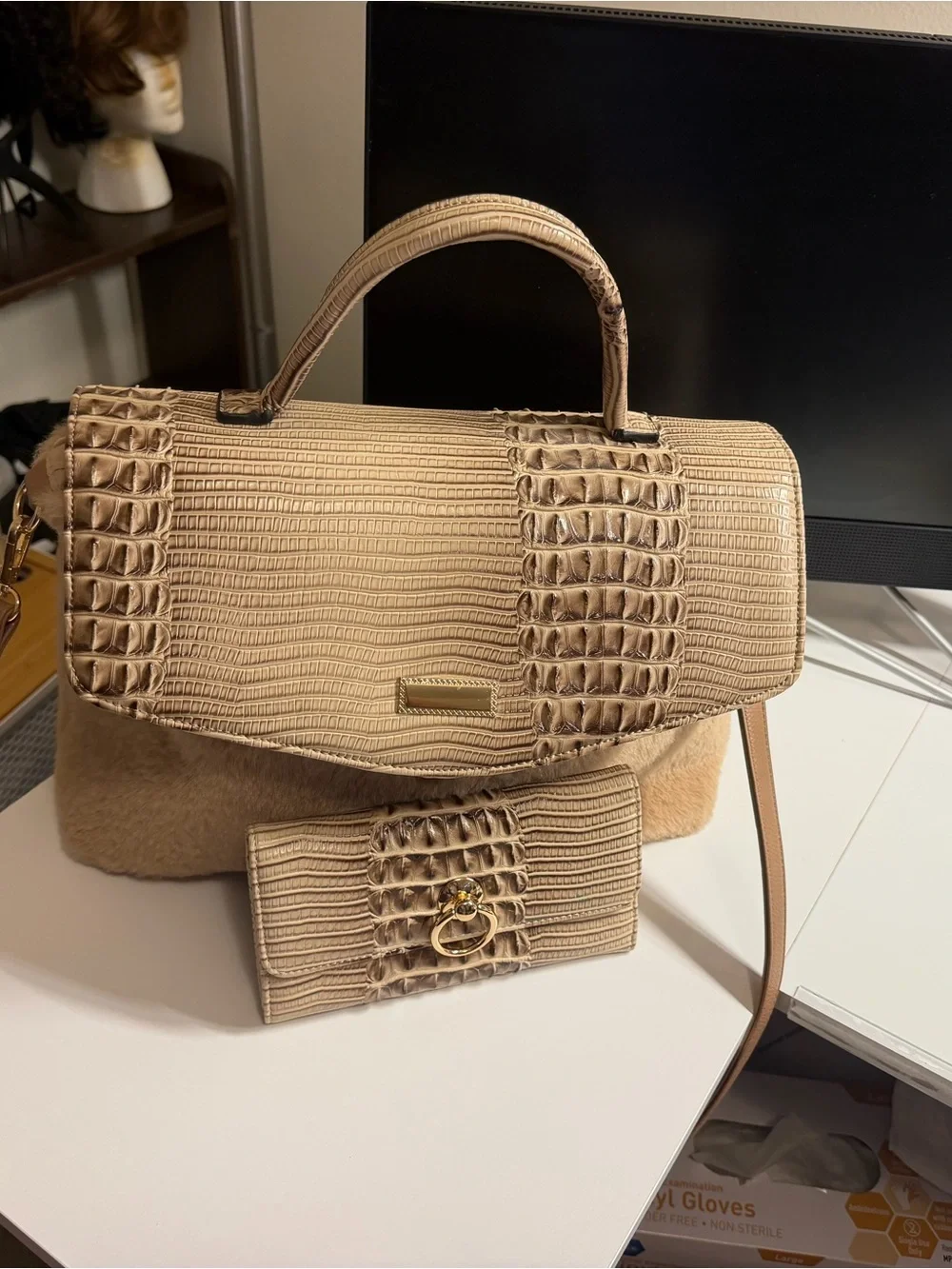 Beige Textured Top-Handle Satchel with Matching Wallet